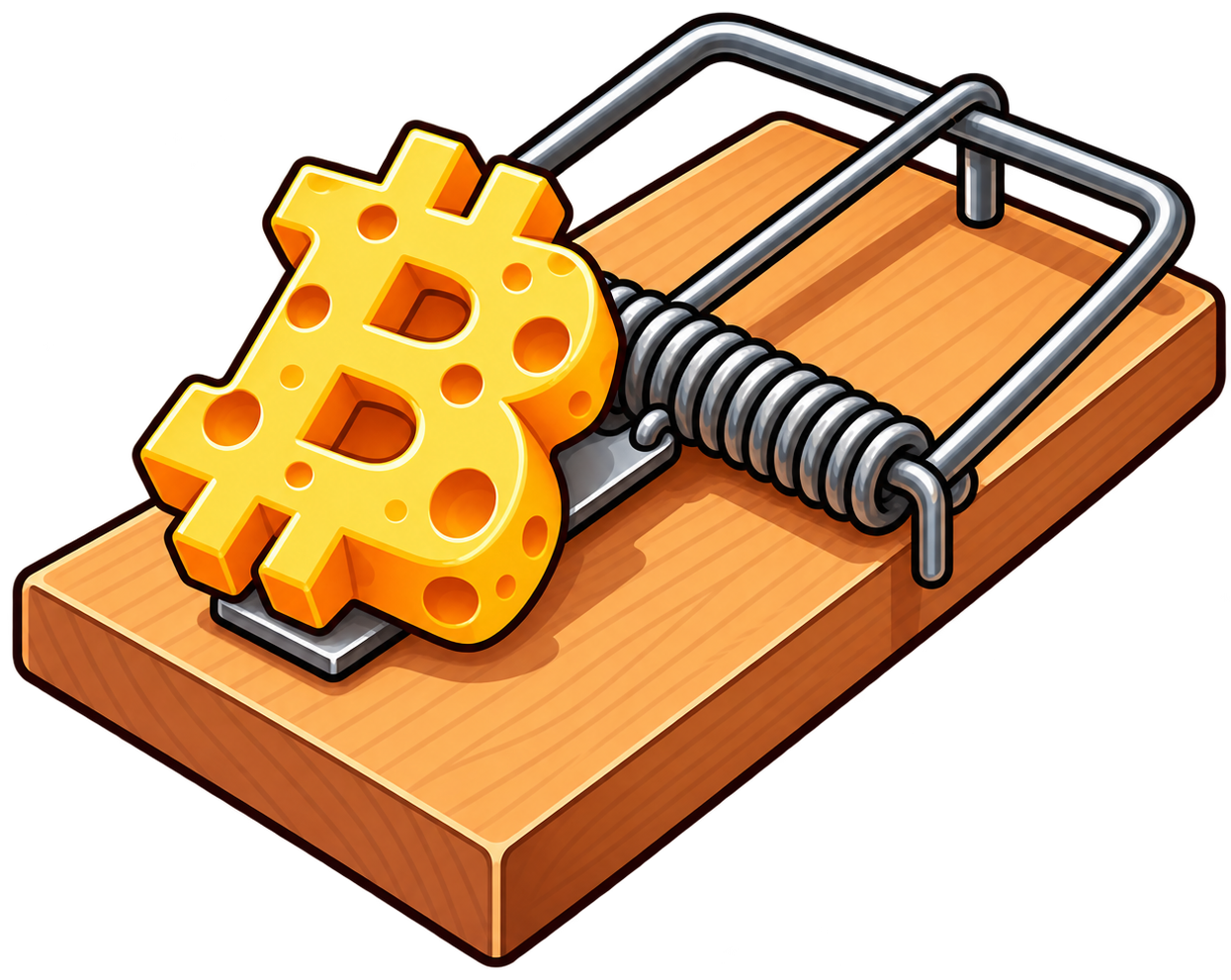 Bitcoin symbol made of Swiss cheese baiting a wooden mousetrap